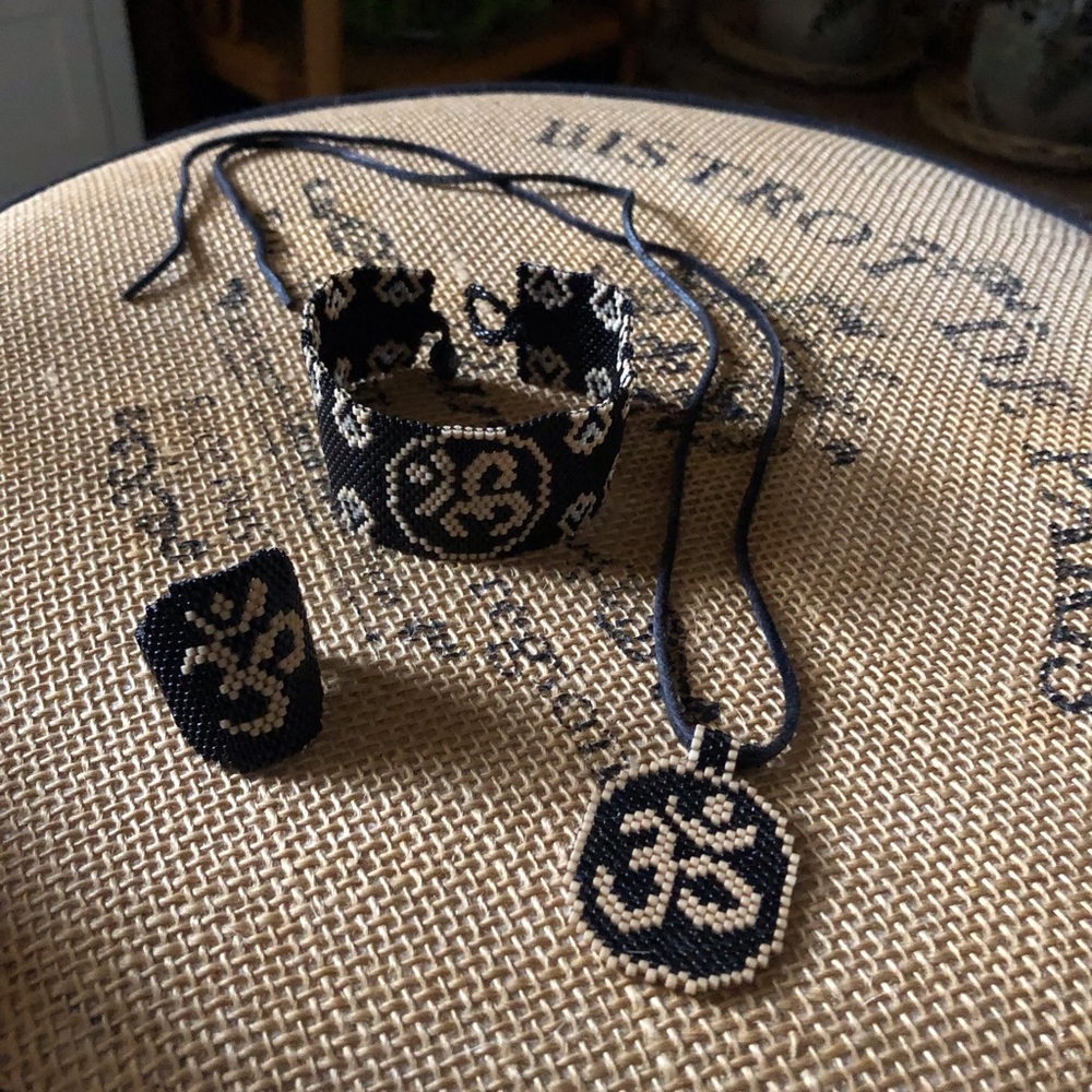 Ohm Sign Handcrafted Woven Beads Jewelry Set Bracelet Pendant Ring